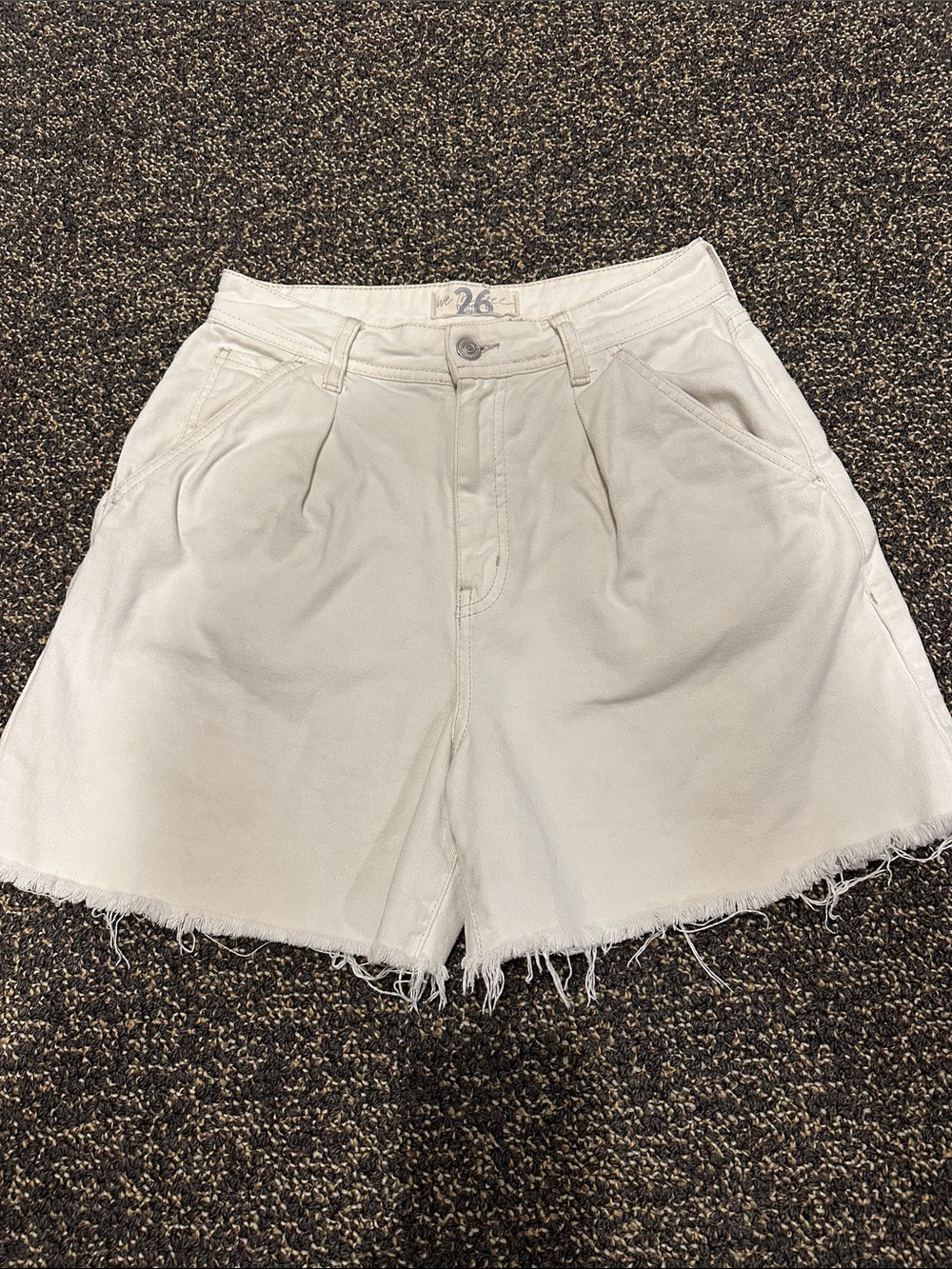 Free People Cream High-Rise Pleated Denim Shorts with Raw Hem